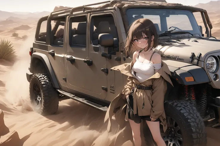 (masterpiece, detailed:1.2), One Girl, (18-years old), brown long Bob Cut, Medium Breasts, off shoulder, BREAK, Highest quality, in desert, BREAK, standing,"Jeep Wrangler", from avobe