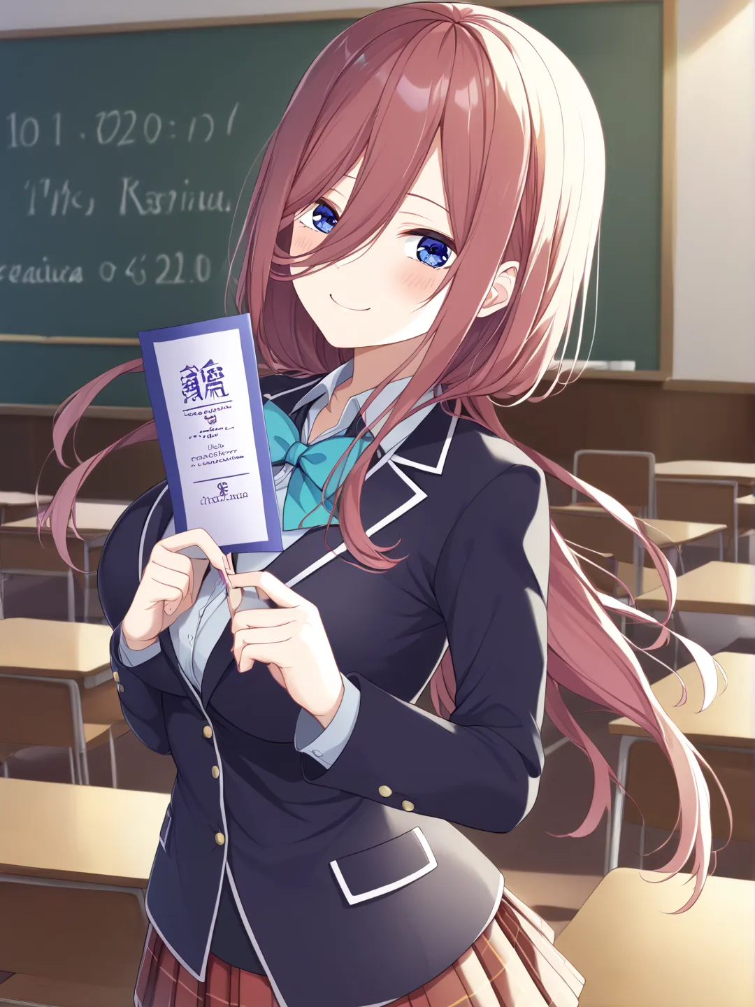  best quality、 Masterpiece、1 girl、 The Quintessential Quintuplets、Nakano Miku、 long hair、 Hair、 blue eyes、 blazer、 blouse、plaid skirt with a black tube、Graduation Ceremony、 hold a diploma 、 proud smile、lecture hall