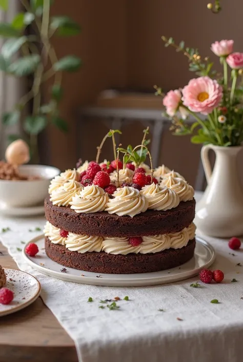 A table with a delicious cake on top)

