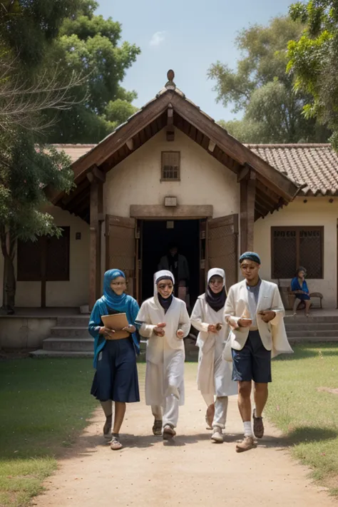 Illustrate a cheery style animated picture featuring a group of ren excitedly walking towards the boarding school. Boys wearing kopiyas and girls wearing veils, smiling and running small merrily. Traditional style boarding school with distinctive Islamic a...