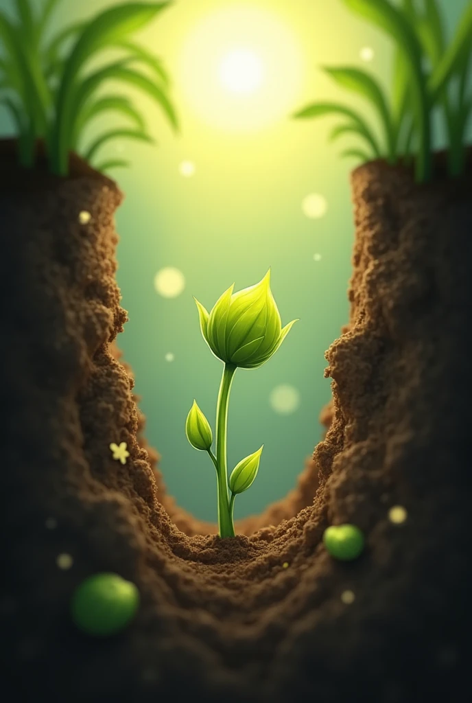 Generatean animated style illustration of "A tiny green sprout from a mustard seed breaking through the soil, reaching for the sun"