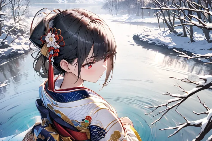 masterpiece, best quality, extremely detailed CG 8k wallpaper,Maximum facial details, Maximum detailed textures, Maximum detailed shadows, Maximum detailed backgrounds, BREAK,a girl,solo,beautiful,(white furisode:1.5),red and black obi sash, black hair, re...