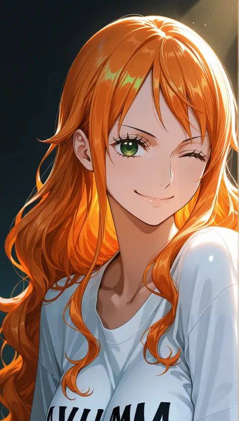 masterpiece, high score, great score, absurdres, close-up, beautiful woman, Nami, one piece, orange hair, long hair, slight wavy hair, beautiful green eyes, smile, ;), oversized t-shirt, simple background, vivid colors, volumetric lighting, soft lighting, ...