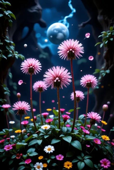 An unknown planet. A fantastic unearthly fairy forest. The center of the composition is alien plants, representing
a symbiosis of dandelion and rose. These plants have a sturdy stem, the head is like a dandelion, but covered with fluffy pink petals on very...