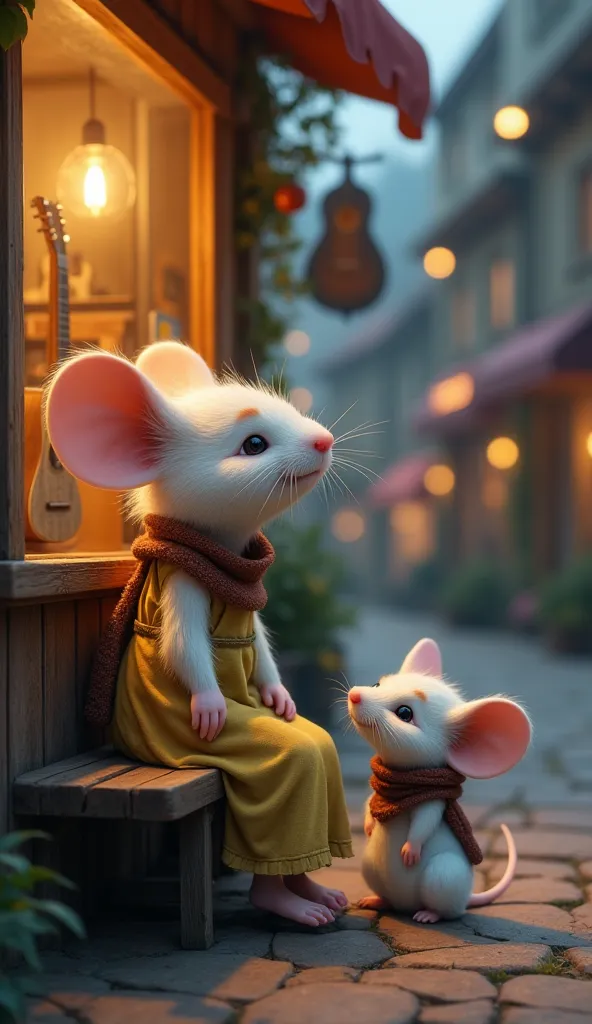 ( White  Mouse)
A mother mouse, wearing a simple, slightly worn dress, sits on a wooden bench outside a music store, looking at a guitar displayed in the window with a concerned expression. Beside her, her small  mouse, wearing only a scarf, gazes up at he...