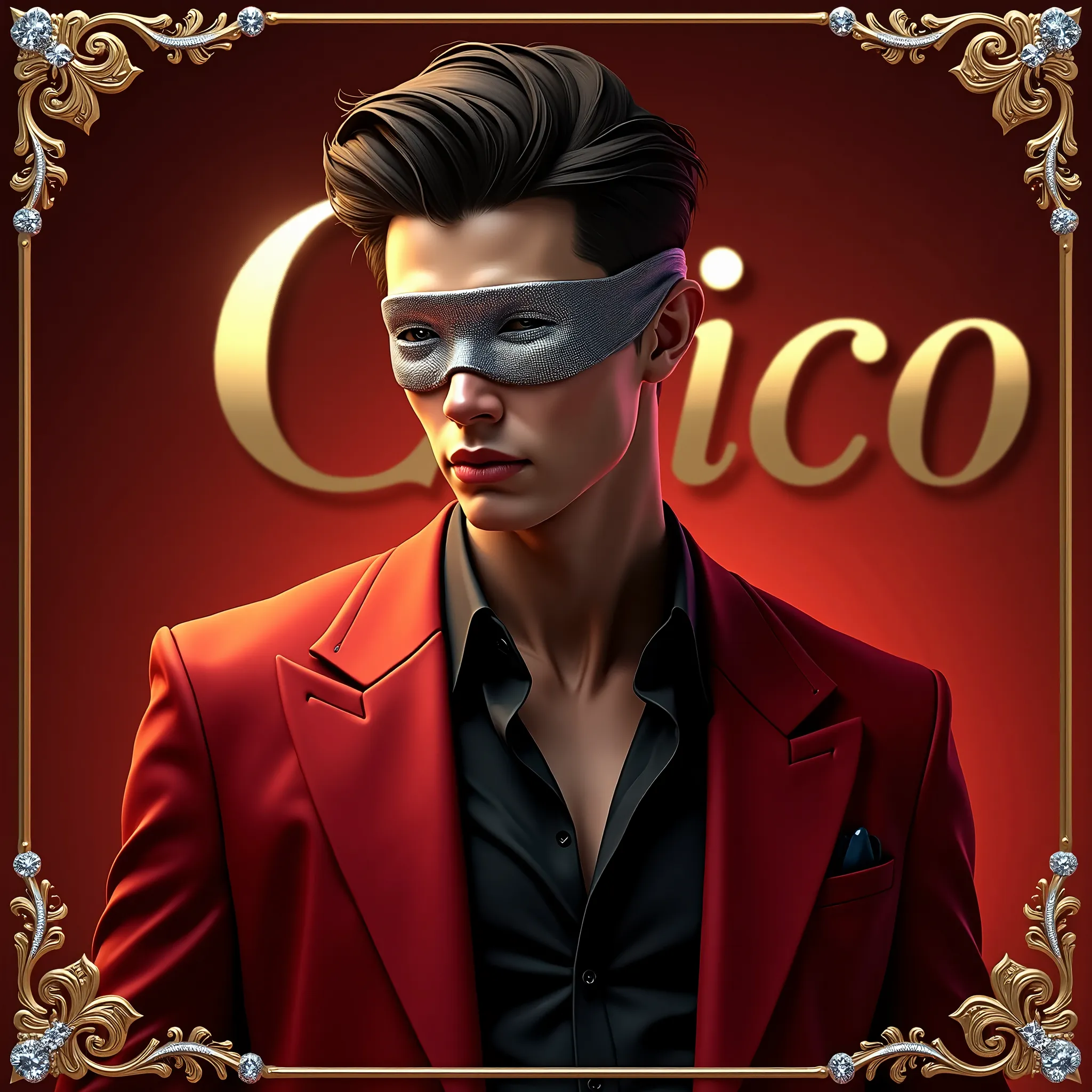 Create a realistic image where a young man in luxury red suit with black shirt and a silver eye clothes on his eyes which covers his eyes fully. The name "CHICO" showing in background which reflects power and the edges are shining daimond cuts. The whole p...