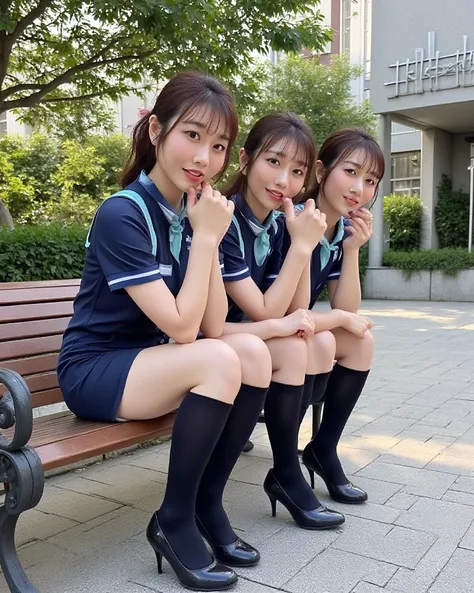 (  photorealism:1.2),   beautiful３A Japanese model of a person suppresses the embarrassing urge to fart、39;  thick legs, Three women in uniform worried about foot odor , 39; office worker's business uniform  、苦い笑顔と胃Pain 、   focus on raising my hips 、  Legs...