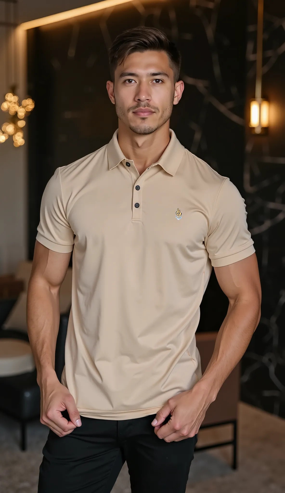 A young man with an athletic body, poses casually while holding the hem of his shirt, wearing a polo shirt beige with a short zipper on the neck and a small logo on the left chest, as well as black trousers. Her hair is short, neat, and combed aside. The b...