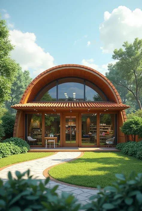 Requesting assistance in designing the shape of a Dome 6x12m shop building. The exterior (exterior of the building) has a tiled roof, glass and wood panels, a grassy area and a walkway.