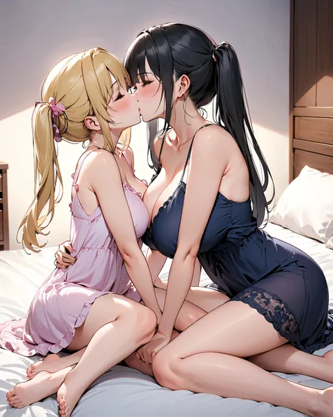  Masterpiece,  anatomically correct, 最 high quality,  high quality。
 Two Beautiful Girls。 petite and baby-faced。 black hair、 blond hair 。Big Breasts、 beautiful feet。twin tails。
The two、 wearing a nightgown。
Bedroom at home。sitting together on the bed。The t...