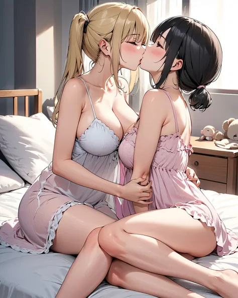  Masterpiece,  anatomically correct, 最 high quality,  high quality。
 Two Beautiful Girls。 petite and baby-faced。 black hair、 blond hair 。Big Breasts、 beautiful feet。twin tails。
The two、 wearing a nightgown。
Bedroom at home。sitting together on the bed。The t...