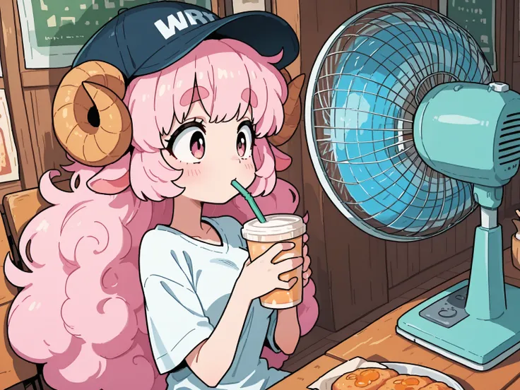 masterpiece, best quality, amazing quality, very aesthetic, high resolution, ultra-detailed, absurdres, newest, Anime screencap, highly detailed, high quality, 1girl, ひつじちゃん, pink fluffy hair, thick eyebrows, round sheep horns, drinking straw, cup, food, e...