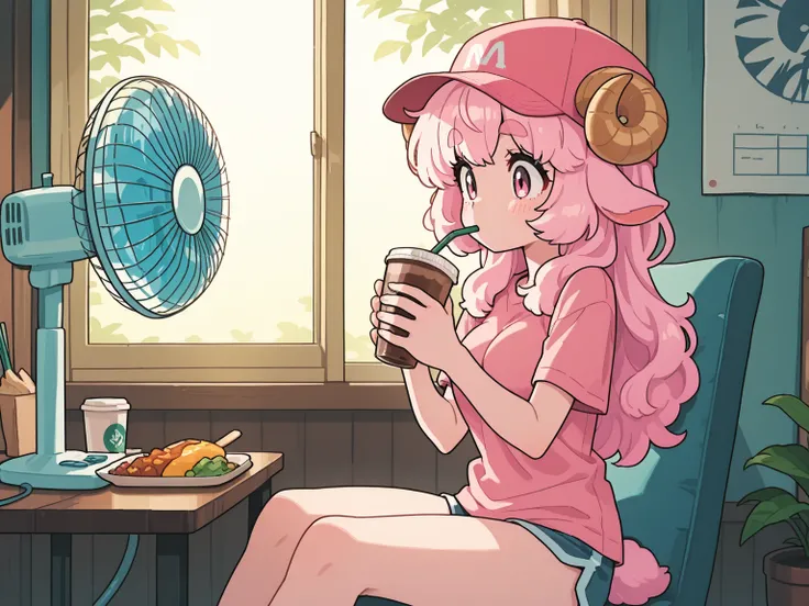 masterpiece, best quality, amazing quality, very aesthetic, high resolution, ultra-detailed, absurdres, newest, Anime screencap, highly detailed, high quality, 1girl, ひつじちゃん, pink fluffy hair, thick eyebrows, round sheep horns, drinking straw, cup, food, e...