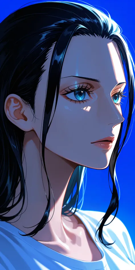 masterpiece, high score, great score, absurdres, close-up portrait, beautiful woman, Nico Robin, one piece, black hair, long hair, hair slicked back, beautiful blue eyes, oversized t-shirt, simple background, vivid colors, volumetric lighting, soft lightin...