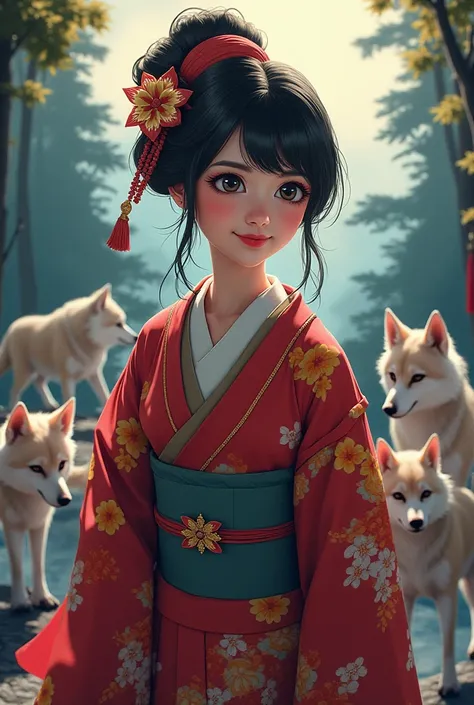 Animated Geisha wearing croptop with wolves background