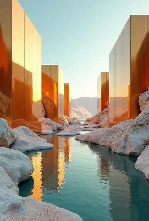 The image shows a surreal landscape with architectural elements integrated into nature. The main elements include large mirror panels, reflecting the surrounding landscape, creating the impression of infinity.


 Texture and shades:
  mirrored surfaces : T...