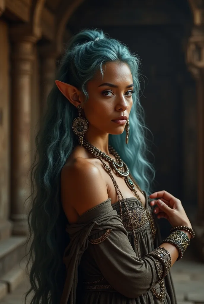 Upper body shot, North African woman, pointed elf ears, caramel skin, sky blue hair, closed mouth, ancient Nordic noble attire, Nordic jewelry, dynamic pose, complex fantasy character, NSFW, cinematic lighting, fantasy, magic, detailed background, in an an...