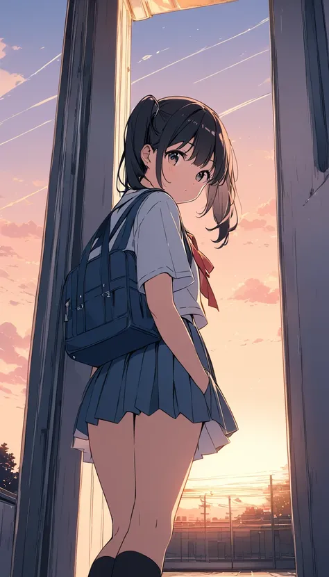 Light color、 line art , high resolution、 in detail、 side ponytail with legs against the wall,  black hair, school uniform,Sunset Bank,Scenery on the way home from school, girl looking back, Soft Light Effects 