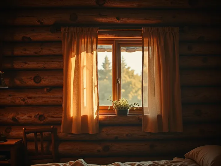 Cozy interior of a log cabin captured in an intimate, close-up frame. The scene focuses on the rustic log wall with its natural wood grain textures taking center stage, filling the foreground where the human subjects would be. A small window is framed by s...