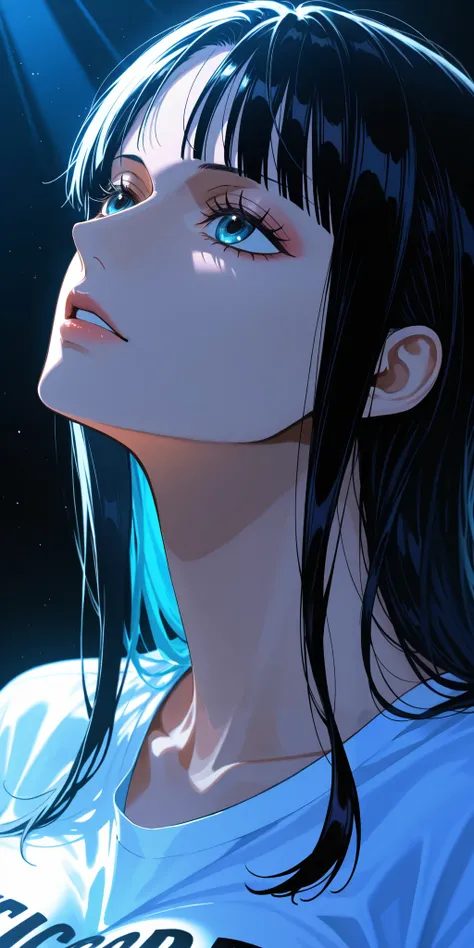 masterpiece, high score, great score, absurdres, close-up portrait, beautiful woman, Nico Robin, one piece, black hair, long hair, sidelocks, beautiful blue eyes, oversized t-shirt, simple background, vivid colors, volumetric lighting, soft lighting, facin...