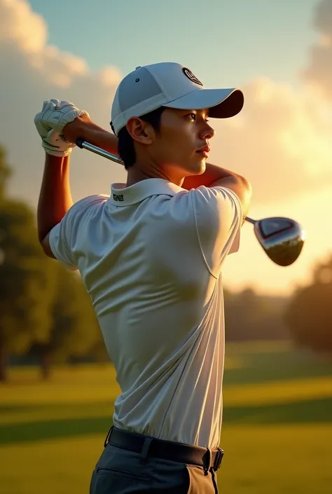  detailed description of the meaning and purpose of、dynamic golf swing pose、 real 、photorealistic、 super detailed、 studio lighting 、 bright colors、 golden hour lighting on hat logo、lush surroundings、Dramatic Clouds、 Cinematic Composition 、Young man with hi...