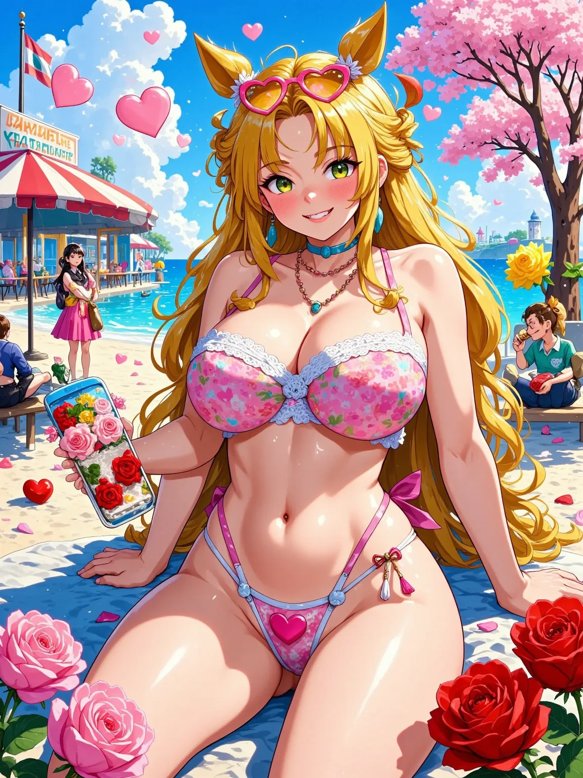 ((sexy girl, gyaru)) , fantasy, fantasy tops, long blonde hair, tan skin, and a small waist. gyaru gal, long hair down, sexy, cute, y2k, gyaru gal, beach, colorful, bikini, smiling, blue bikini, pale skin, tan lines, chubby, chubby body, heart sunglasses, ...