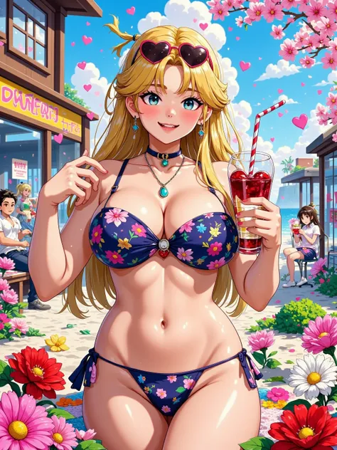 ((sexy girl, gyaru)) , fantasy, fantasy tops, long blonde hair, tan skin, and a small waist. gyaru gal, long hair down, sexy, cute, y2k, gyaru gal, beach, colorful, bikini, smiling, blue bikini, pale skin, tan lines, chubby, chubby body, heart sunglasses, ...