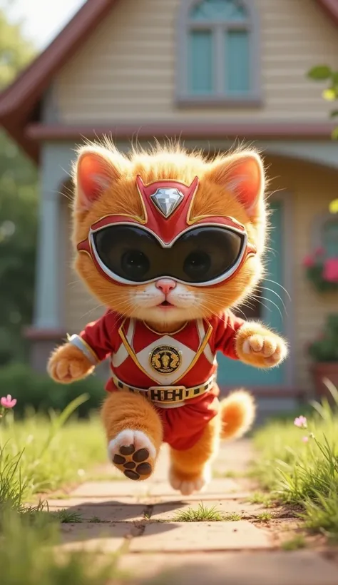 kitten (kitten cat orange , cute, dressed like power ranger),  berlari di depan rumah