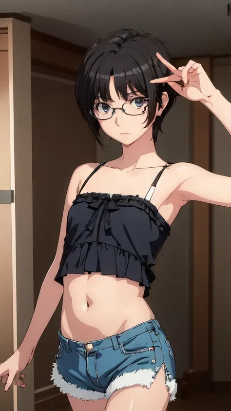  dark skin ,    dark eyes   , tomboy

 Fraction _9,  Fraction _8_up,  Fraction _7_up, source_  cartoon,
   Dark Hair,    black eyes ， Dark Hair夾, Bangs，Glasses, Slim Short Hair  ，  Dark Hair Clip，
Forehead   , Black Strapless Top,  Bare shoulders , clavicl...