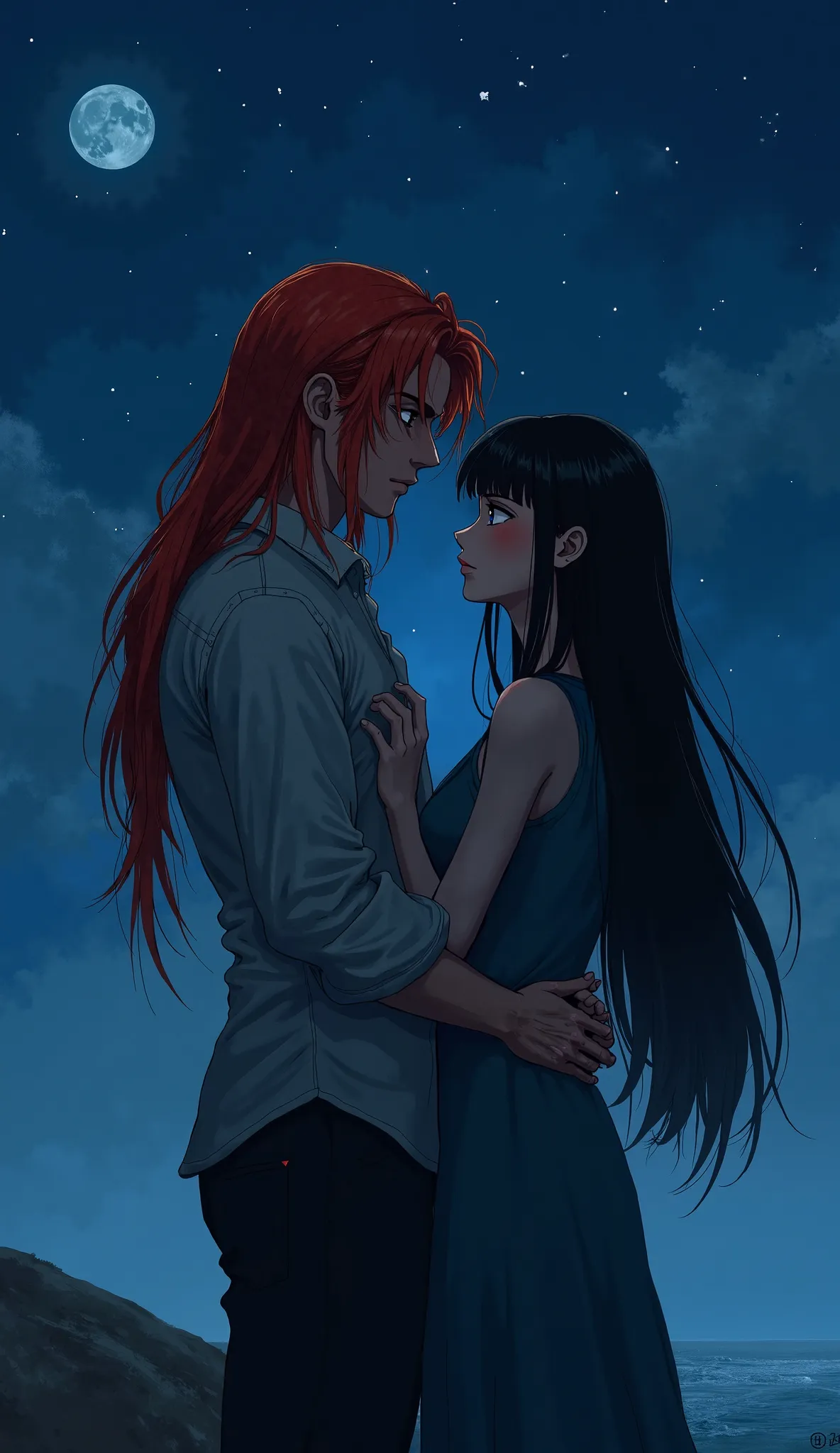 Create an image of two characters in a quiet, intimate moment under a starlit sky. The man has long red hair, piercing blue eyes, and a rugged, intense look. The woman has long jet-black hair, bangs, and dark eyes, exuding a sense of mystery and allure. Th...