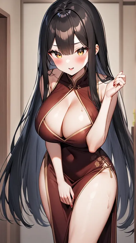 Big Breasts F Cup Long Straight Hair China Dress Slit Black Hair Brown