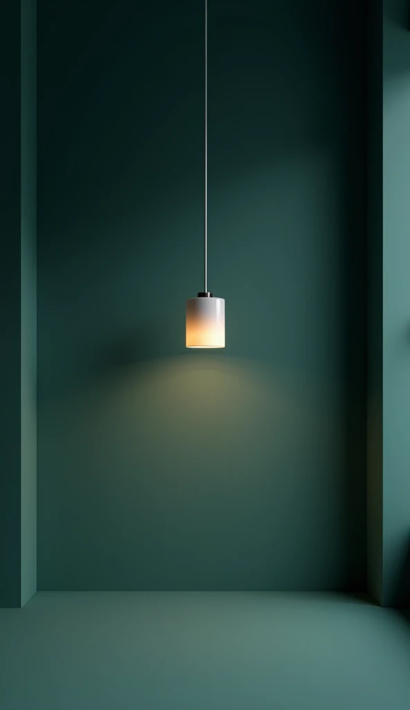 A minimalist interior with a single hanging pendant light glowing softly against a dark teal wall, creating a moody and serene atmosphere.