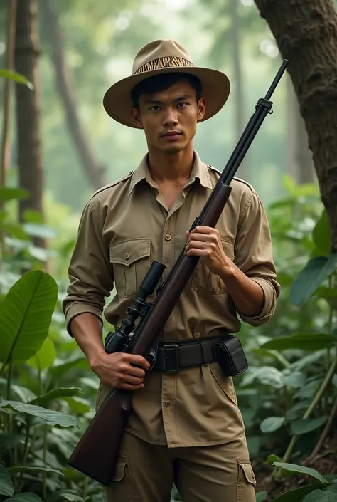 Thai man age 25,handsome,smart,wearing light brown safari outfit,wide-brimmed hat with a tiger stripe band,holding rifle,in primeval forest,cinematic style, high quality, detailed, photorealistic