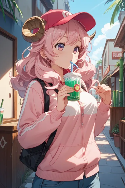 masterpiece, best quality, amazing quality, very aesthetic, high resolution, ultra-detailed, absurdres, newest, Anime screencap, highly detailed, high quality, 1girl, ひつじちゃん, pink fluffy hair, thick eyebrows, round sheep horns, BREAK, drinking straw, cup, ...