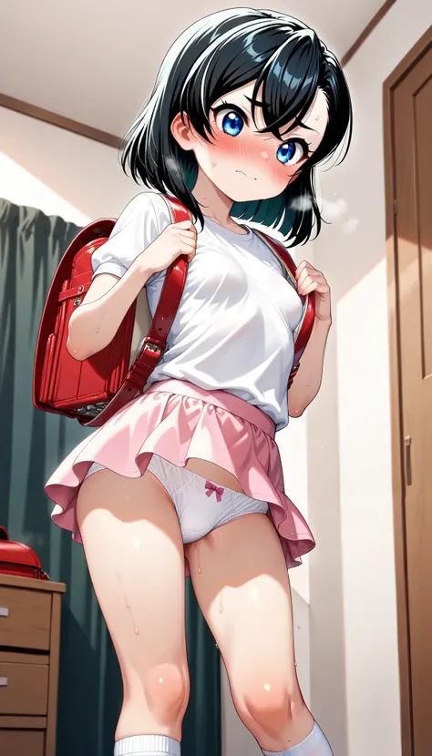 best quality,8k,1girl,(small breasts,loli),small head,(blush,sweat,embarrassed),fuuma tokiko,bob cut, medium hair,wavy hair,black hair, white t-shirt,short sleeves,pink skirt,mini skirt,socks,upskirt,white panties,bow panties,backpack,randoseru,bedroom
