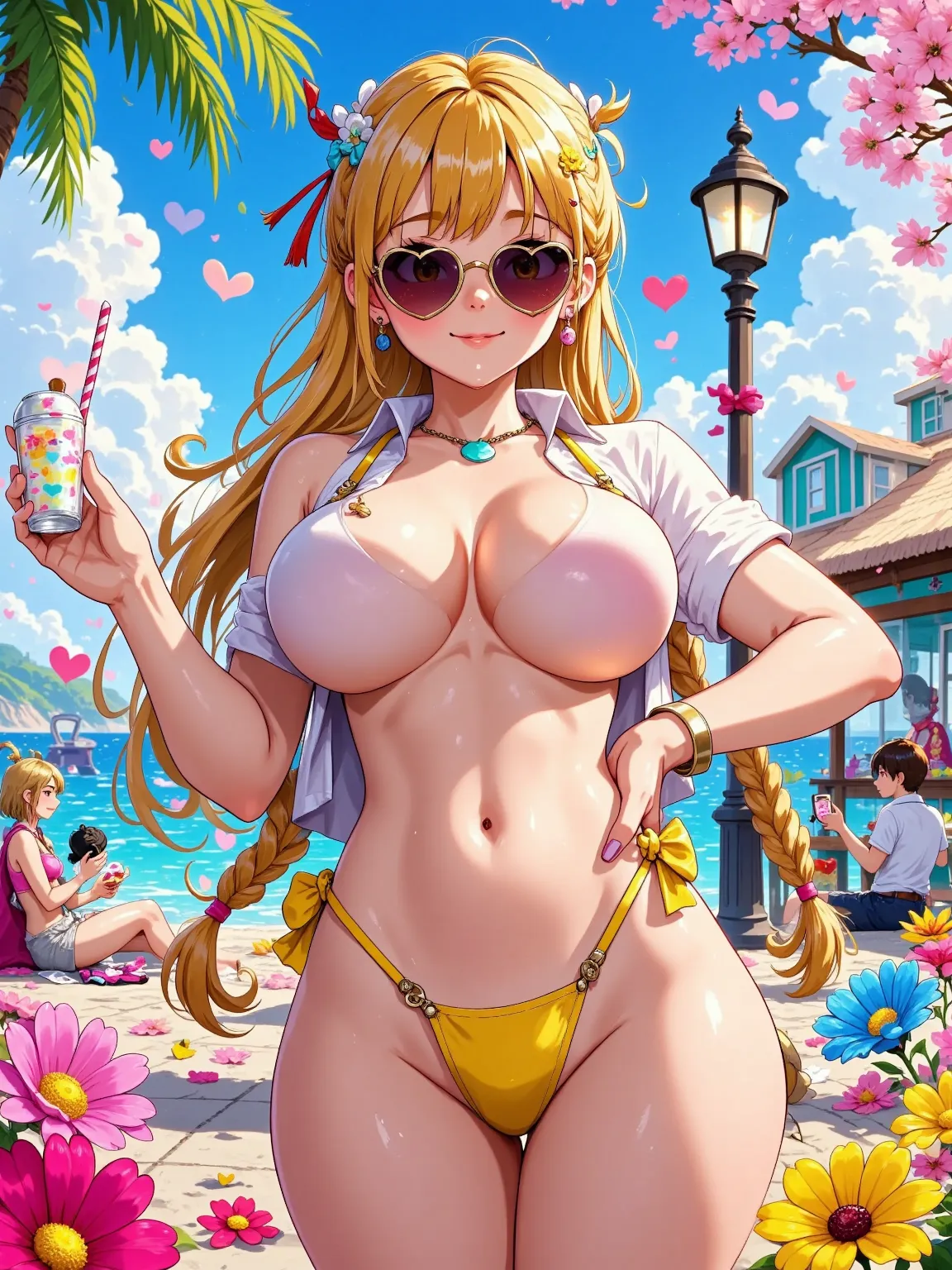 ((sexy girl, gyaru)) , fantasy, fantasy tops, long blonde hair, tan skin, and a small waist. gyaru gal, long hair down, sexy, cute, y2k, gyaru gal, beach, colorful, bikini, smiling, blue bikini, pale skin, tan lines, chubby, chubby body, heart sunglasses, ...