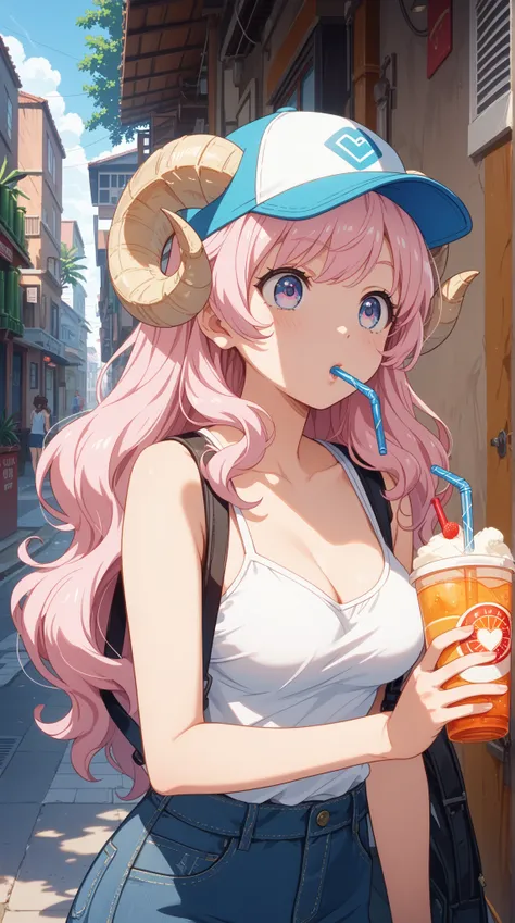 masterpiece, best quality, amazing quality, very aesthetic, high resolution, ultra-detailed, absurdres, newest, Anime screencap, highly detailed, high quality, 1girl, ひつじちゃん, pink fluffy hair, thick eyebrows, round sheep horns, BREAK, drinking straw, cup, ...