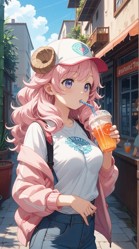 masterpiece, best quality, amazing quality, very aesthetic, high resolution, ultra-detailed, absurdres, newest, Anime screencap, highly detailed, high quality, 1girl, ひつじちゃん, pink fluffy hair, thick eyebrows, round sheep horns, BREAK, drinking straw, cup, ...