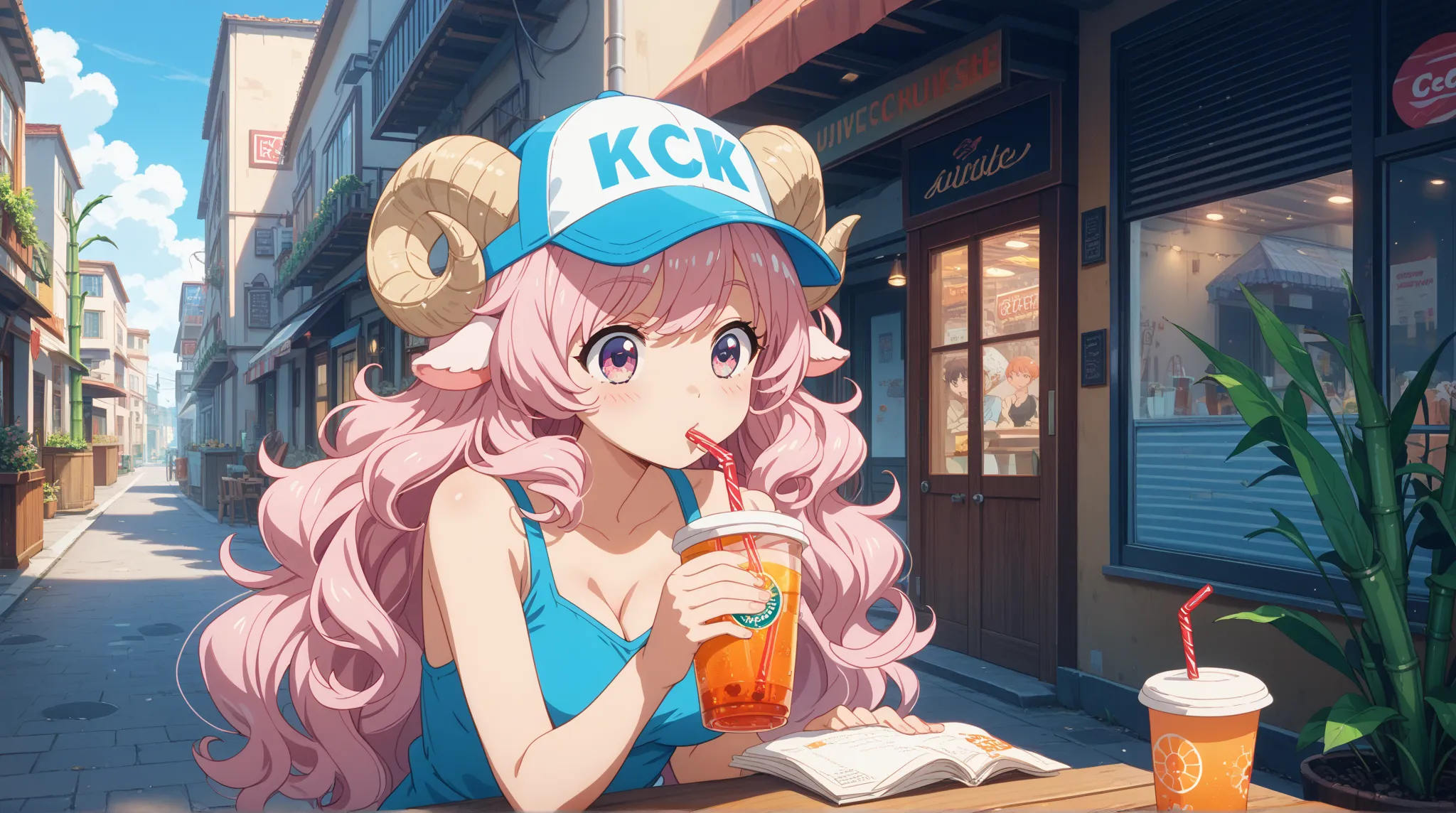 masterpiece, best quality, amazing quality, very aesthetic, high resolution, ultra-detailed, absurdres, newest, Anime screencap, highly detailed, high quality, 1girl, ひつじちゃん, pink fluffy hair, thick eyebrows, round sheep horns, BREAK, drinking straw, cup, ...