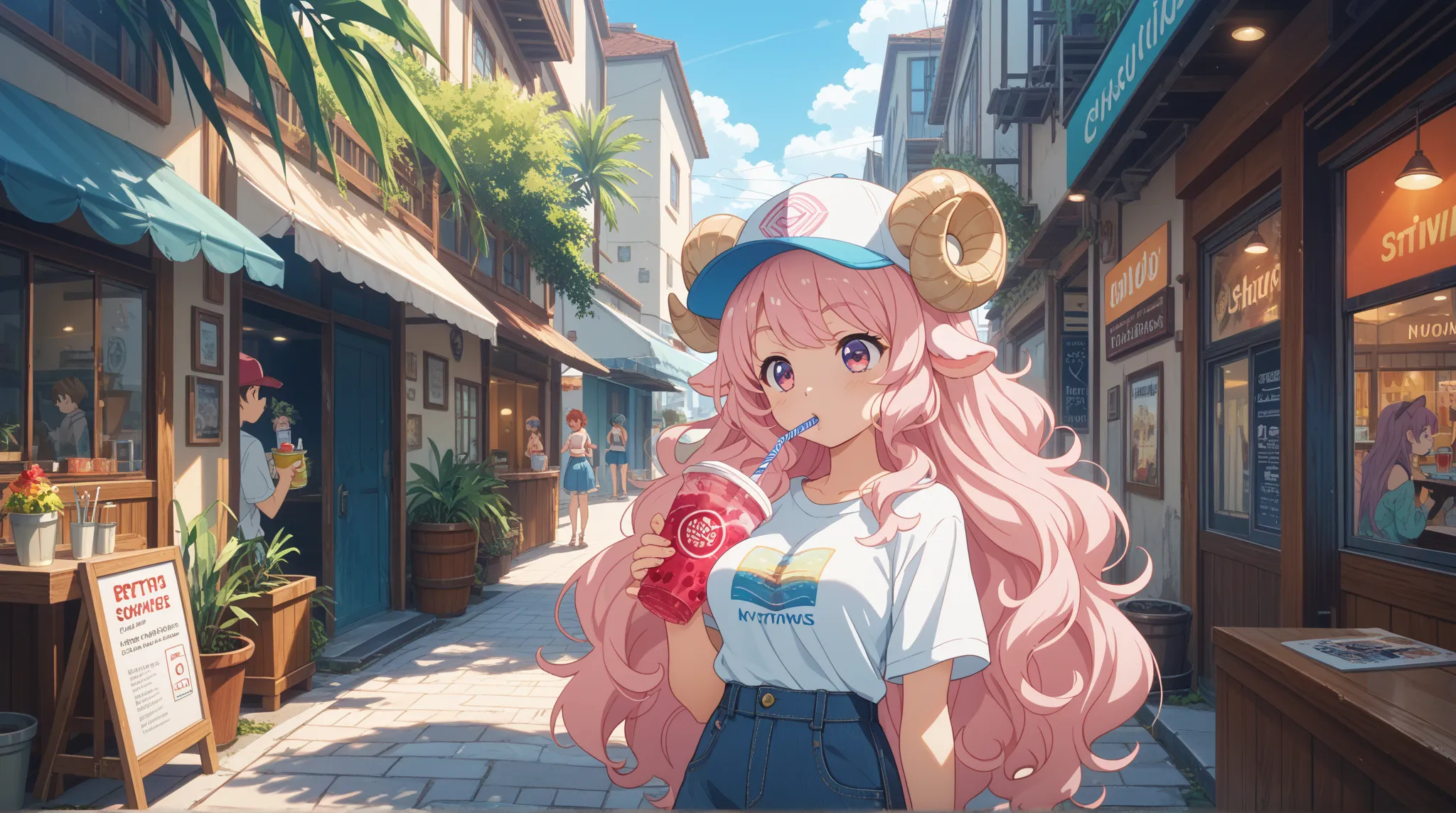 masterpiece, best quality, amazing quality, very aesthetic, high resolution, ultra-detailed, absurdres, newest, Anime screencap, highly detailed, high quality, 1girl, ひつじちゃん, pink fluffy hair, thick eyebrows, round sheep horns, BREAK, drinking straw, cup, ...