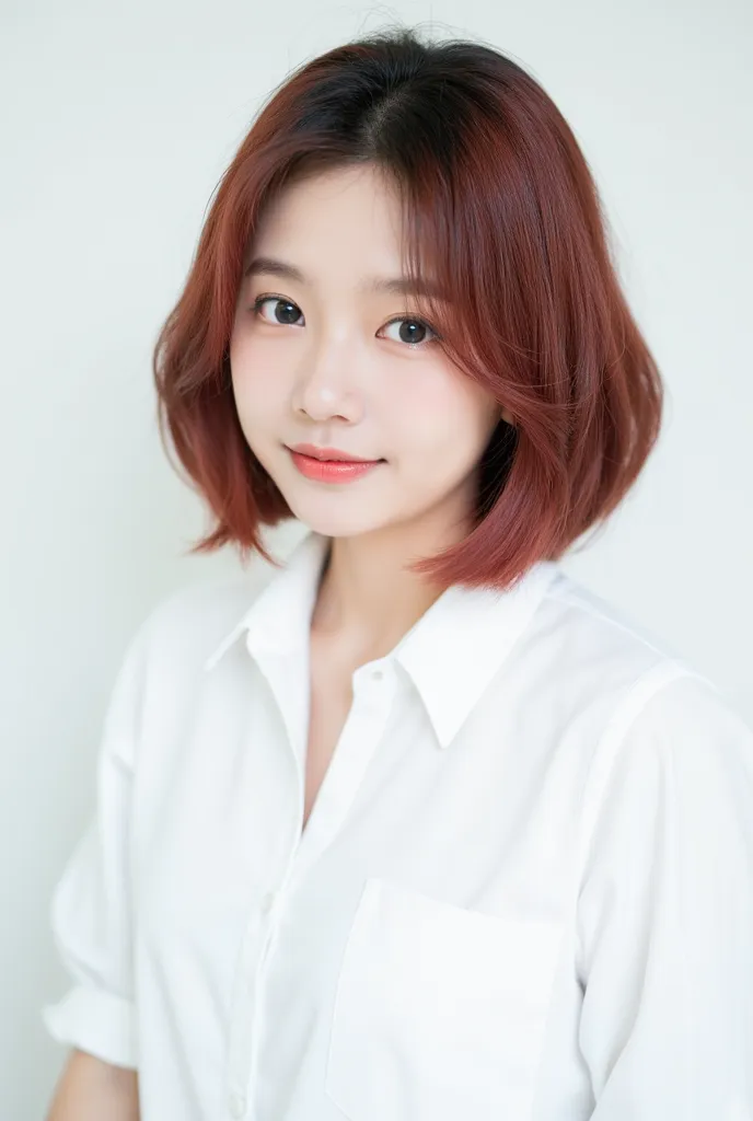  is facing the front　 upper body　　Refreshing impression 　Shiny colored hair　 bob cut 　 white background　 white shirt