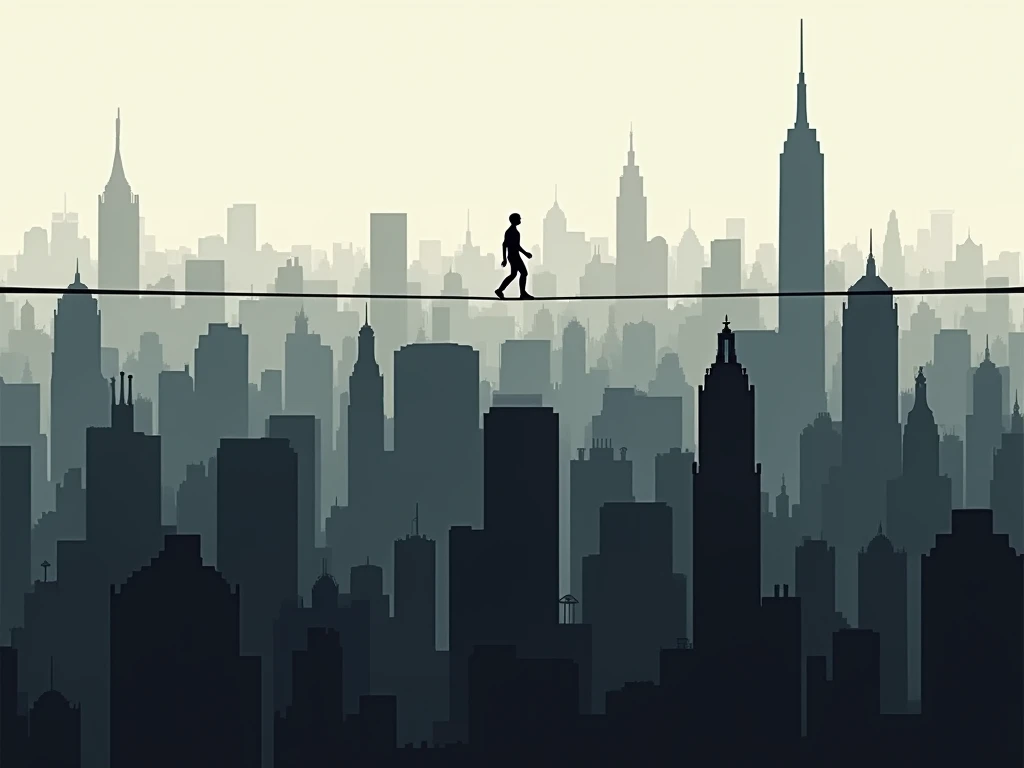 I want a picture from the sky and looking down at Manhattan skyscrapers, with the top view of the outline of a man walking on a rope that is suspended high above between 2 Manhattan buildings 