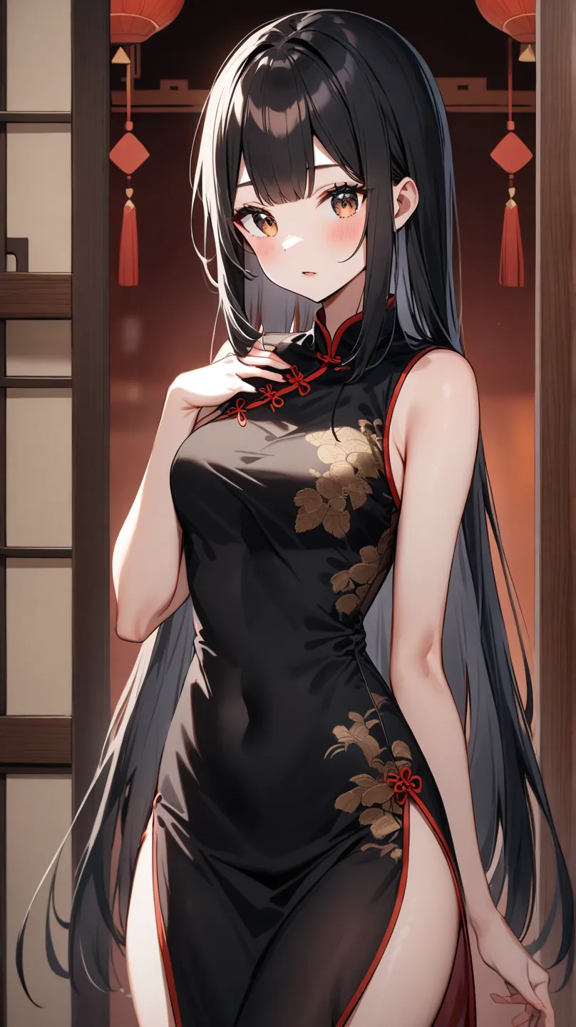 E cup long straight hair Chinese dress slit black hair brown eye