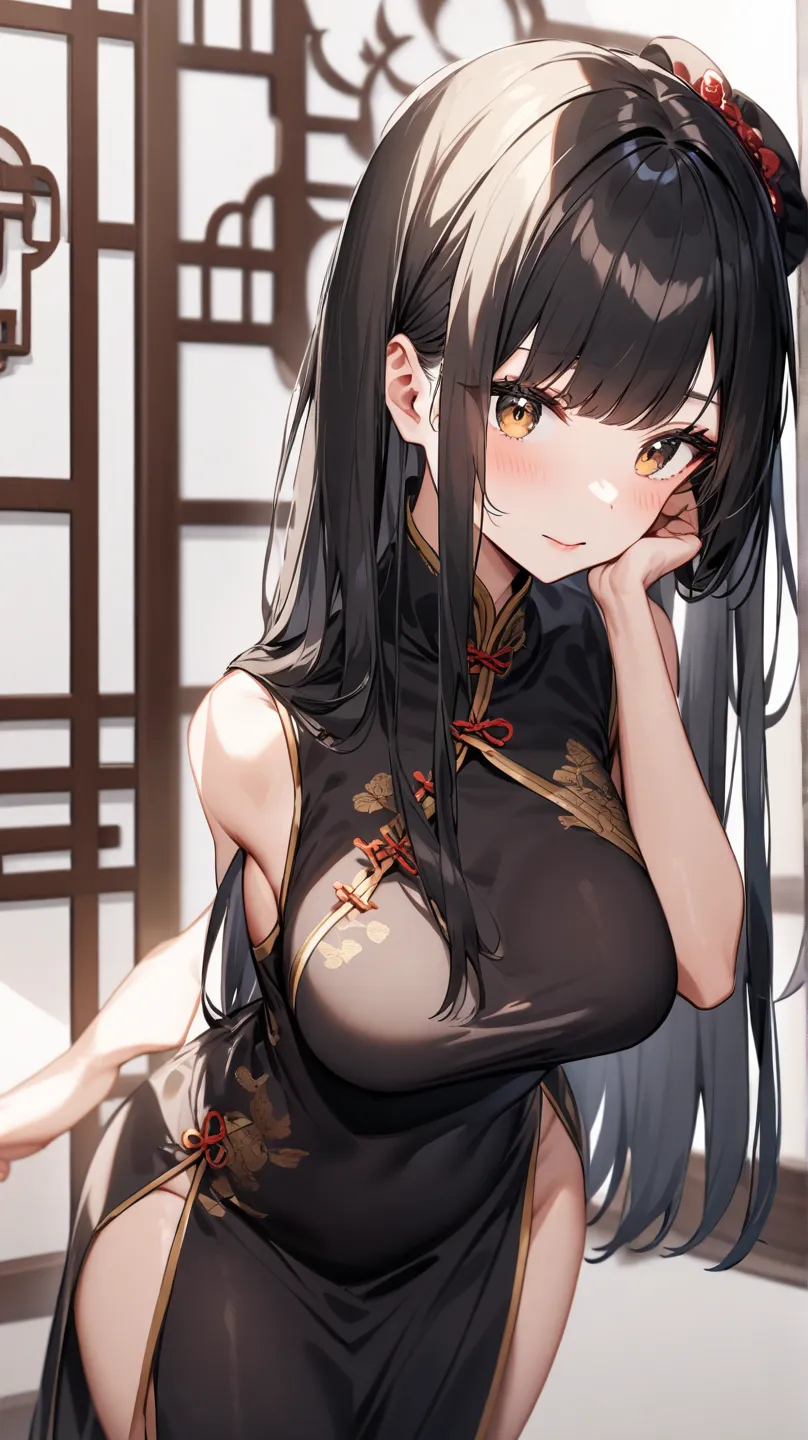 E cup long straight hair Chinese dress slit black hair brown eye