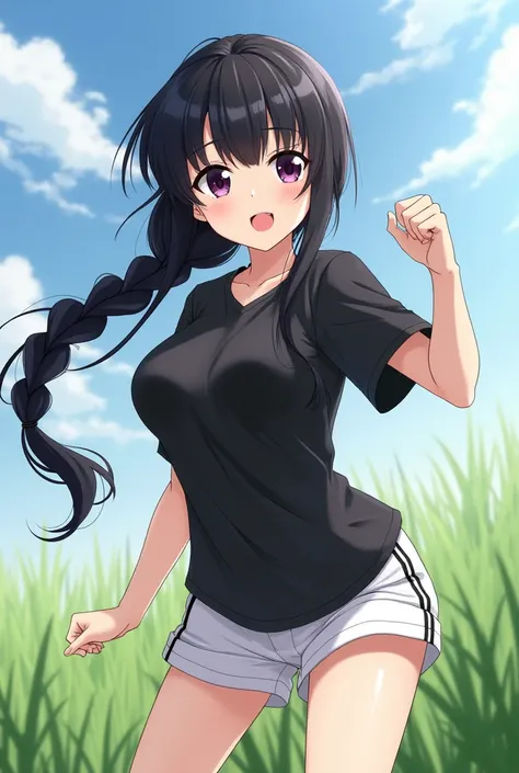 A girl animates long black hair with bangs tied back with a braid ,  dark purple eyes costume, dressed in a black shirt and white shorts with black shorts down in a fighting position and big breasts small waist , in the grass , High high 
