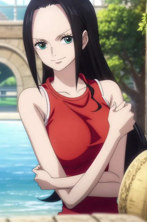 nicorob, Long Straight back hair, Big breasts, looking at viewer, upper body, arms crossed, (Red plain t-shirt:1.1), sleeveless, looking at viewer, sunshine, outdoors, smile closed mouth, upper body, arms crossed, Red t-shirt, sleeveless, looking at viewer...