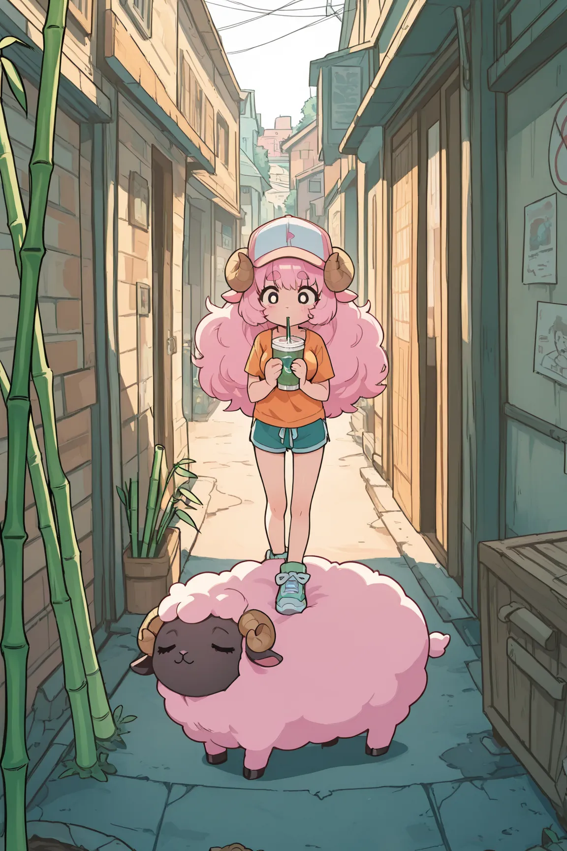 masterpiece, best quality, amazing quality, very aesthetic, high resolution, ultra-detailed, absurdres, newest, Anime screencap, highly detailed, high quality, 1girl, ひつじちゃん, pink fluffy hair, thick eyebrows, round sheep horns, BREAK, drinking straw, cup, ...