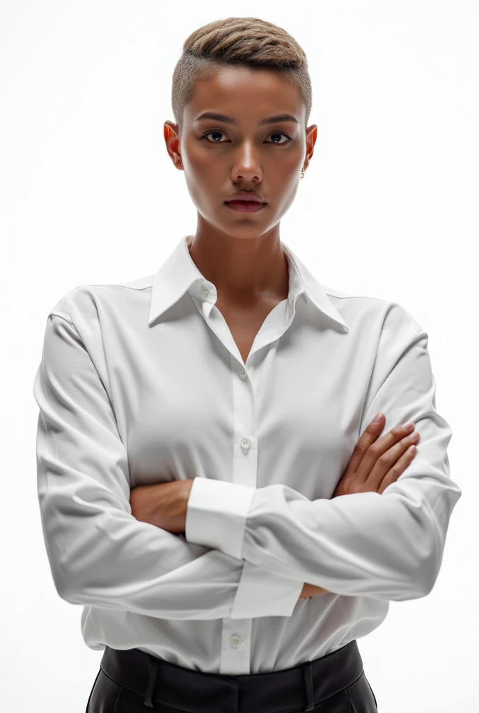  is facing the front　 upper body　　like々 impressive 　 shiny hair　 shortcuts　 white background　 white shirt
