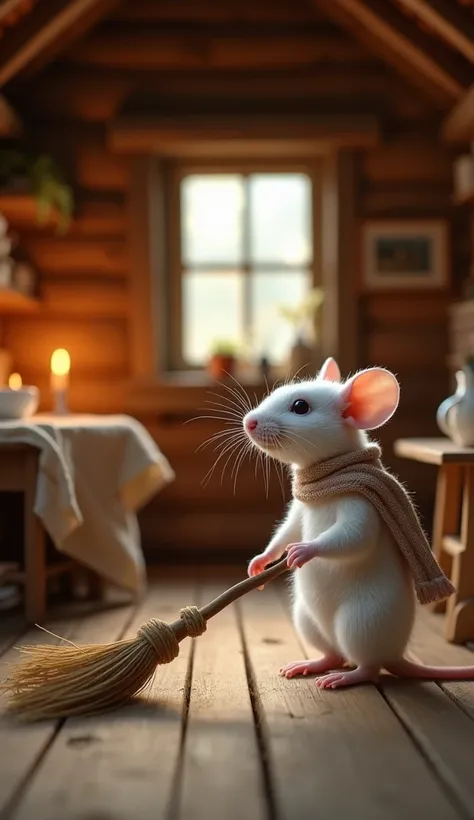 ( White  Mouse)
Inside a small, cozy wooden house, a tiny mouse , wearing only a scarf, is diligently sweeping the floor with a small broom. Nearby, the mother mouse sits on a wooden stool, carefully sewing fabric with a focused expression. The room is sim...