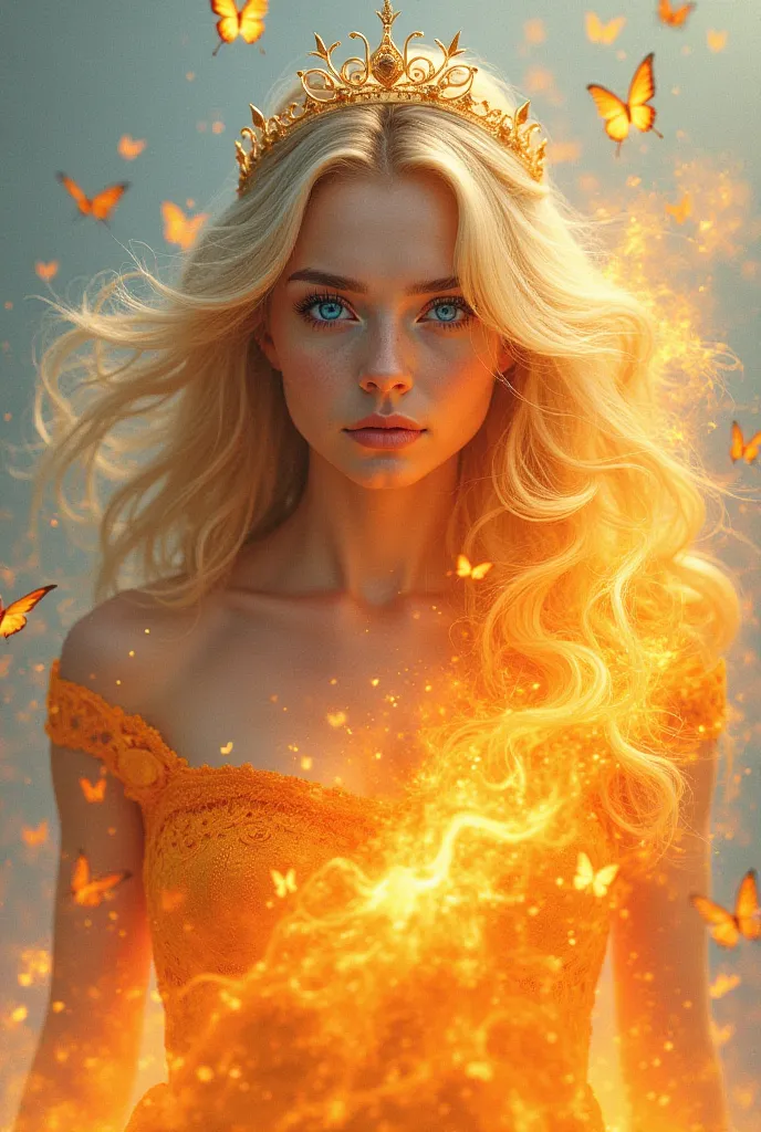 Blue-eyed blond woman in a light blue dress engulfed in flames. with butterflies around , With a crown and an intense look 